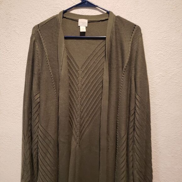 Chico's Size 3  Long Open Front Cardigan Olive Green Acrylic Classic - Picture 9 of 10